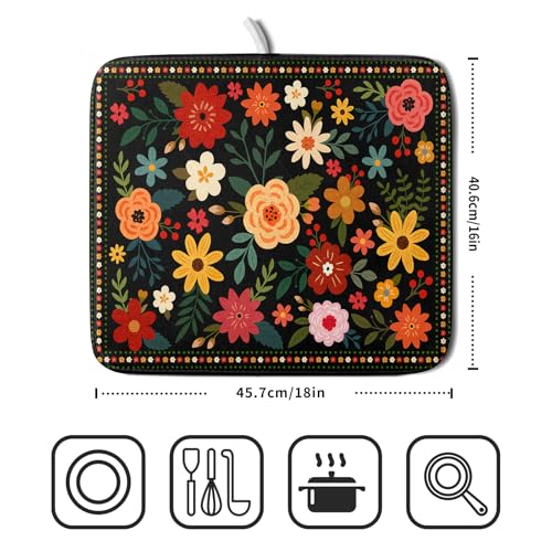 Boho Floral Dish Drying Mat 16x18 Inch Colorful Flower Dishes Dry Mats Absorbent Washable Drainer Rack Pad Protective Kitchen Counter Decor (Black Boho Floral / 16" x 16")