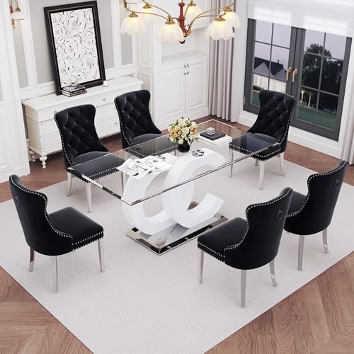 7 Piece Glass Dining Table Set for 6 (White Table & Silver Black Chair / 7-Piece Set-OC-Shaped Table)