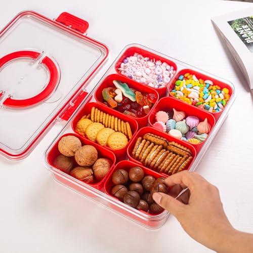 Divided Serving Tray with Lid and Handle (Red-1 Pack)