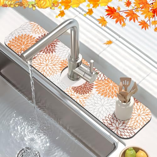 2Pcs Fall Dish Drying Mat & Sink Splash Guard (Orange / 17" X 32" + 24" X 5.5")