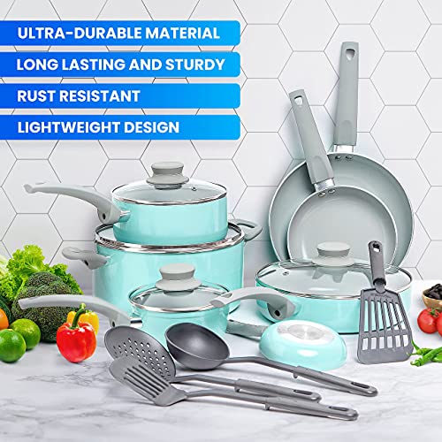 Mueller Pots and Pans Set Healthy Stone 16 (16 Piece / Turquoise)
