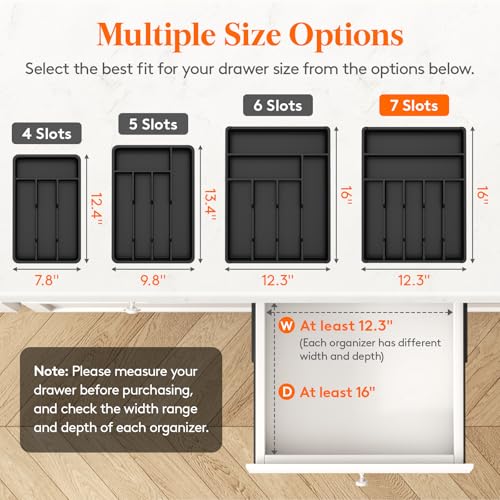Silverware Drawer Organizer Tray (Black / 12.3 x 16 inch (7 Slots))
