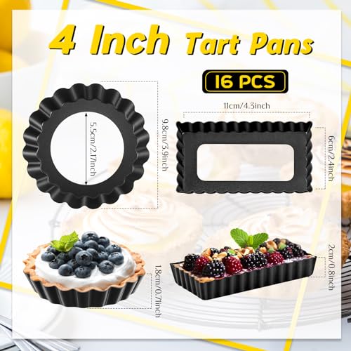 16 Pcs Mini Tart Pans for Baking (4 Inch and 4.33 x 2.36 x 0.79 Inch / Black Round/Rectangle)
