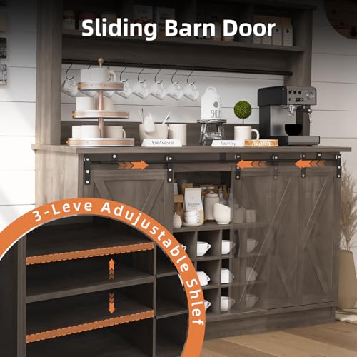 55” Farmhouse Coffee Bar with 4 Tier Storage Hutch (55.1Inch / Grey)