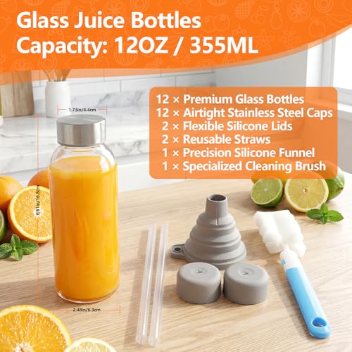 Glass Juice Bottles with Lid 12 oz (Clear Glass Bottle 12 Pack / 12 Ounces)