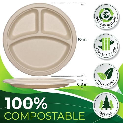 100PCS 100% Compostable 10in Brown Paper Plate (Original / 10in Sectional(100count))