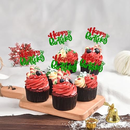 24Pcs Happy Birthday Cupcake Toppers Double Layer Glitter Happy Birthday Cake Decorations for Christmas Theme Baby Shower Anniversary Party Decorations Supplies Red Green (Style 1 / Red Green)