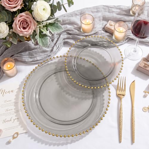 100pcs Elegant Clear Black Plastic Plates with Gold Beads for Gala (Clear Black and Gold Plastic Plates / 100PCS)