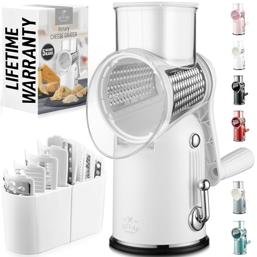 Rotary Cheese Grater Manual Hand Crank 5 Blade Shredder (5 Blades / Classic | White)