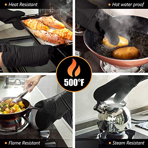Silicone Oven Mitts and Pot Holders Sets (Black)