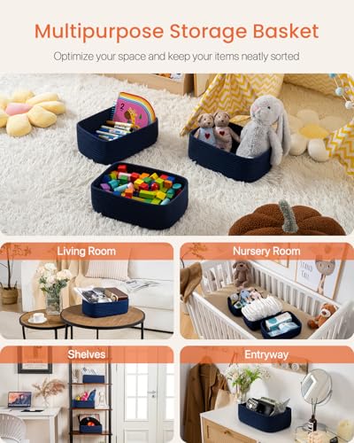 Small Woven Storage Basket for Organizing (Navy Blue / 12"L x 8"W x 4.5"H)