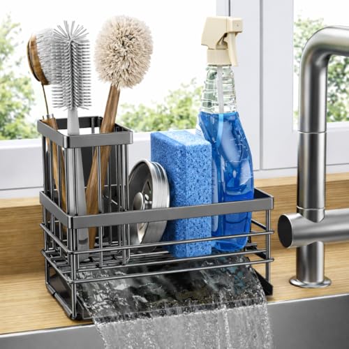 Sink Caddy Sponge Holder for Kitchen with Brush Holder and Stainless Steel Self Drain Tray (8.26'' / Gray)