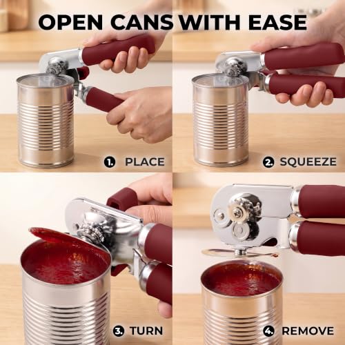 Stainless Steel Swing Open Manual Can Opener Comfortable Grip (Deep Red / Swing Open)