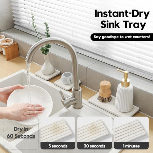 Diatomaceous Earth Sink Organizer Tray Set (3 Pack - Beige - 1pc of 8"x 3.8" and 2pcs of 3.8"x 3.8")