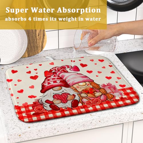 Love Gnome Dish Drying Mat 16"x18" Red Heart Microfiber Dish Drainer Rack Mat Holiday Absorbent Dishes Pad for Kitchen Counter Sink Decor (Love Gnome / 16" x 18")