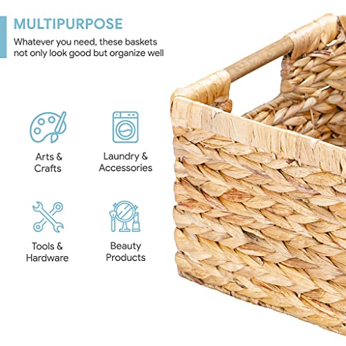 Large Rectangular Wicker Basket with Wooden Handles for Shelves and Storage (Water Hyacinth / Large (14.5"L x 10.3"W x 7.5"H))