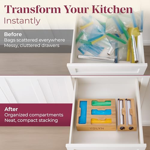 Bamboo Food Storage Bag Organizer for Drawer with Foil & Plastic Wrap Dispenser