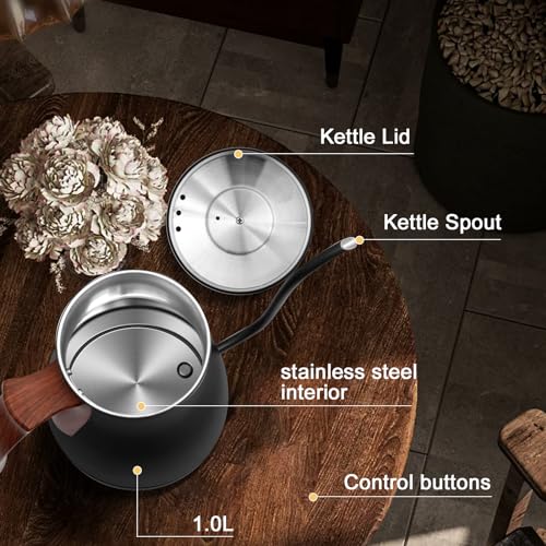 Gooseneck Electric Kettle Full Touch Screen 1200W Electric Tea & Coffee Kettle with Four Heating Modes Rapid Heating (Extra Large / Black)