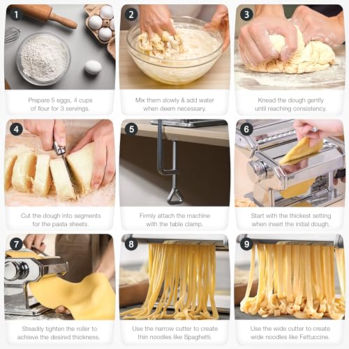 3-in-1 Pasta Maker, 9 Thickness Settings, Dough Rollers & 2 Size Cutters