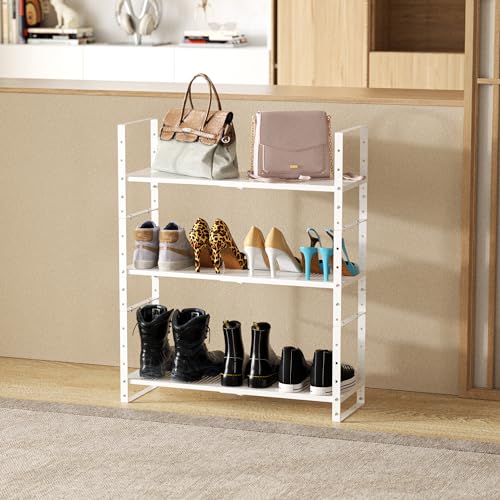 Expandable Shoe Rack Stackable Metal Pantry Storage Shelves Stand Adjustable Height Cabinet Shelf Organizer Racks Spice Shelving (White / 3PACKS/WHITE/MEDIUM)