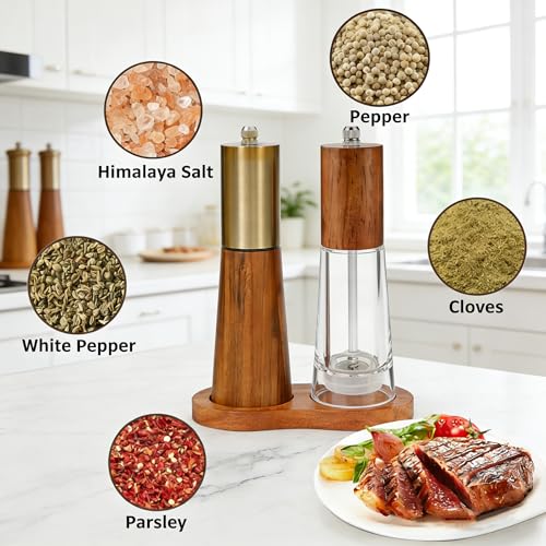 Wooden Salt and Pepper Grinder Set with Base And Acrylic Body Pepper Mill (Gold-Brown+Acrylic)