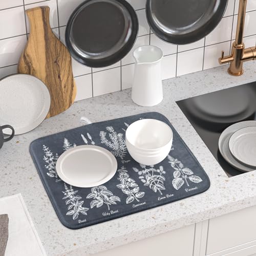 Flower Herbs Dish Drying Mat Wild Plant Dish Rack Mat with Hanging Loop Fast Dry Dish Drainer Pad for Kitchen Counter Sink 16x18 Inch (gray plant collection / 16" x 18")