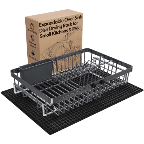 Grey Expandable Dish Drying Rack Over Sink with Extra Drying Mat (Gray / For 13"-30" W Sink with Mat)