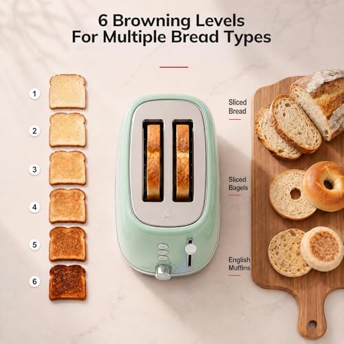 2 Slice Stainless Steel Toaster Retro with 6 Bread Shade Settings (2 Slice / Green)