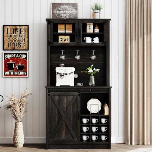 72" Farmhouse Coffee Bar Cabinet with Sliding Barn Door (71Inch / Oak)