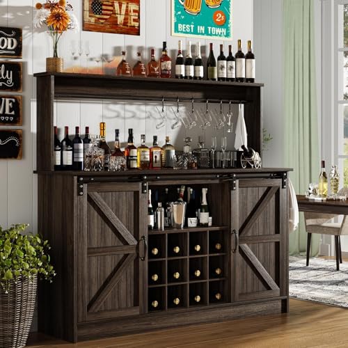 55" Farmhouse Coffee Bar Cabinet with Storage Hutch (55Inch / Dark Oak)