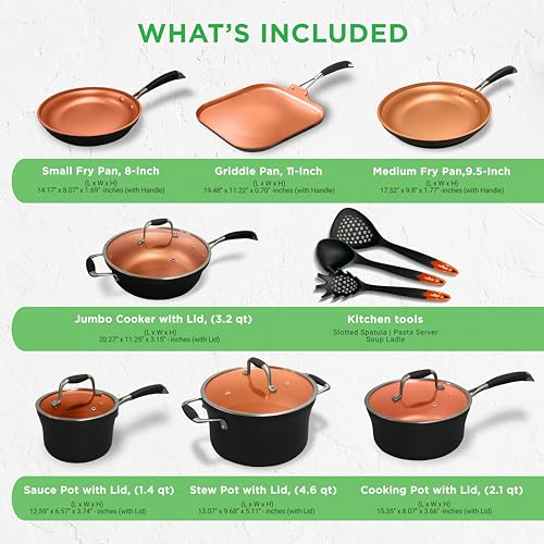 14-Piece Non-Stick Pots and Pans Set - Induction Ready Multi-Sized Cooking Pots with Lids, Small and Medium Frying Pans with Slotted Spatula, Pasta Server, Soup Ladle, Silicone Handles