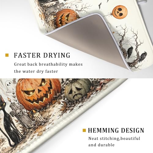 Halloween Pumpkin Ghost Dish Drying Mat Black Cat Microfiber Dishes Pad 18x24 Inch Holiday Dish Drainer Rack Mats for Kitchen Counter Sink (Pumpkin Ghost / 18x24 inch)