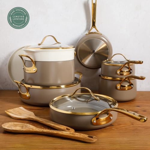 15 Piece Ceramic Nonstick Cookware Set (Cappuccino Cream w/ Gold Handle / 15-Piece Cookware Set)