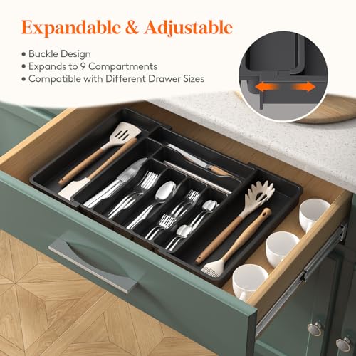 Expandable Silverware Drawer Organizer (Black / XL (13"-22.4" W × 15"D))
