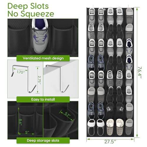 Over the Door Shoe Organizer with 40 Large Breathable Mesh Pockets (Black / 40 Pockets)