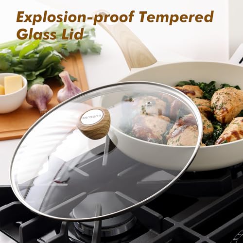 8inch Ceramic Nonstick Frying Pan Paella Pan with Lid (8 Inch / CREAM White)