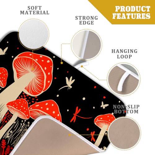 Red Mushroon Dish Drying Mat for Kitchen Counter Black Microfiber Absorbent Dish Pad Small (Red Mushroon 729 / 18" x 16")
