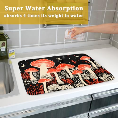Red Mushroon Dish Drying Mat for Kitchen Counter Black Microfiber Absorbent Dish Pad 24 x 18 in (Red Mushroon 729 / 24" x 18")
