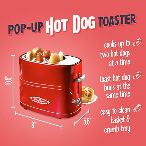 2 Slot Hot Dog and Bun Toaster with Mini Tongs (Metallic Red)