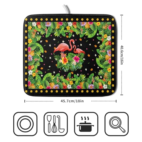 Tropical Flamingo Dish Drying Mat Palm Leaves Absorbent Dishes Drainer Pad Microfiber Dish Rack Mat for Kitchen Countertop Decor 16x18 Inch (Flamingo Leaves / 16" x 18")