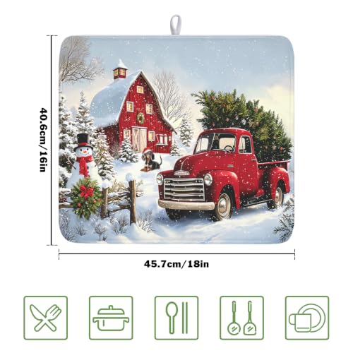 Red Truck Dish Drying Mat Winter Xmas Tree Drainer Rack Pad 16"x18" Microfiber Absorbent Quick Dry Dish Sink Mat for Table Kitchen Counter (Red Truck Snowman / 16x18 inch)