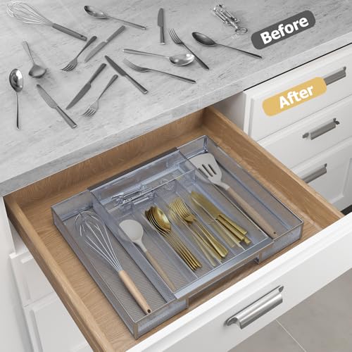 Silverware Organizer Metal Mesh (Silver / Expandable 9.6"~16.1" x 13.8")