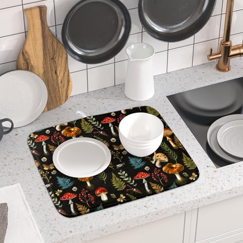 Mushroom Forest Dish Drying Mat Fern Leaves Black Drainer Mat for Kitchen Countertop 16 X 18 Inch (Mushroom - Black / 18" x 16")