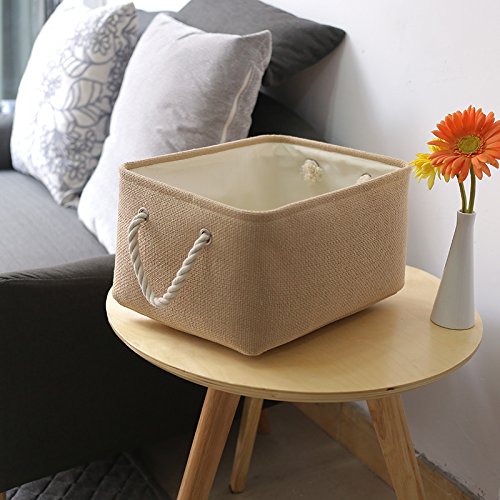 Decorative Basket Rectangular Fabric Storage Bin Organizer Basket with Handles for Clothes Storage (Beige / Medium -13.8Lx9.8Wx6.7H)