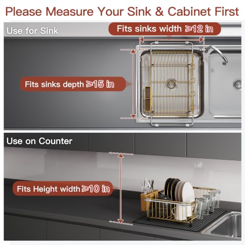 Gold Dish Drying Rack in Sink with Mat (Gold / For 12"-30"w Sink, with Mat)