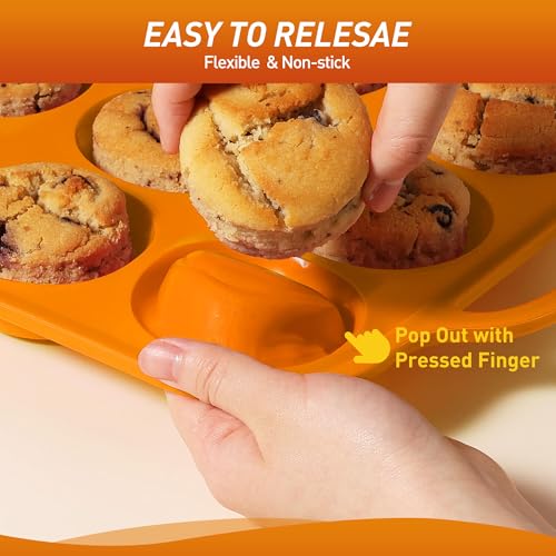 2 Packs 12 Cups Silicone Muffin Pan with Metal Reinforced Frame Regular Size Cupcake Pan Tray Egg Bites Silicone Cookie Molds Muffin Tin Tart Pans Baking Set for Easter Christmas holiday Cookie (Regular / Orange)