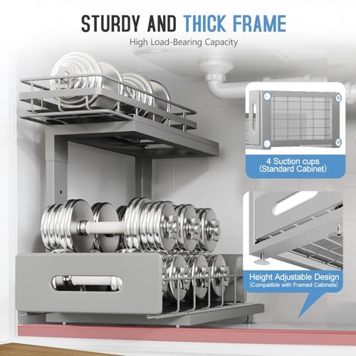 Under Sink Organizer Upgrade To Professional Rails (Gun Gray / 2 Pack-14.5"Dx12.8"-16.9"H)