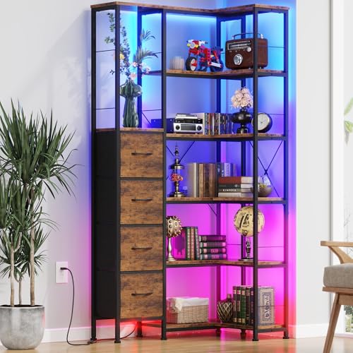 6 Tier Corner Bookshelf with LED and 4 Fabric Drawers (7 Count)