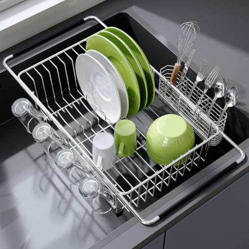 Stainless Steel Dish Drying Rack in Sink with Metal Utensil Holder (Silver / For 12"-30"w Sink, with Metal Utensil Holder)