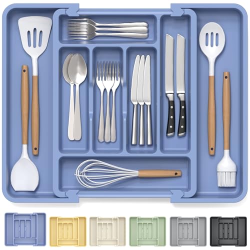 Large Silverware Organizer Tray for Kitchen Drawer Utensils Thicker (Breezy Blue)